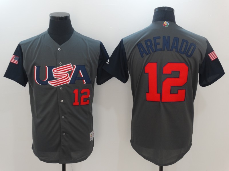 Men USA Baseball #12 Arenado Gray 2017 World Baseball Classic Authentic Jersey->->MLB Jersey